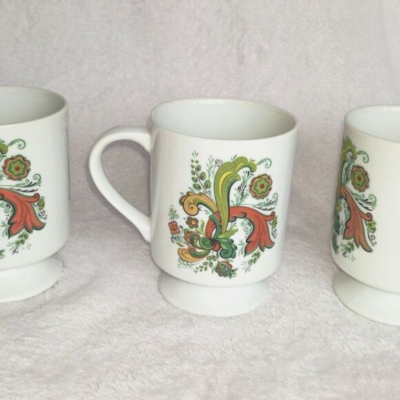 Berggren Trayner Porcelain Coffee Mugs Cups 3 Rosemaling Norway Green Orange - Picture 1 of 3